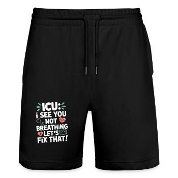 ICU Nurse ICU I See You Not Breathing Acute Care - Stanley/Stella Unisex Bio Joggingshorts Trainer  - Schwarz - Vorne - Nik (191cm) & Marisol (170cm)
