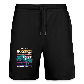 Born in 1941 - Stanley/Stella Trainer Unisex Organic Jogging Shorts - black - Front - Nik (191cm) & Marisol (170cm)