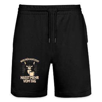 Katze - Wer früh aufsteht hasst mehr vom Tag - Stanley/Stella Unisex Bio Joggingshorts Trainer  - Schwarz - Vorne - Nik (191cm) & Marisol (170cm)