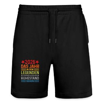 2026 Legende Ruhestand Rentner Pensionär Geschenk - Stanley/Stella Unisex Bio Joggingshorts Trainer  - Schwarz - Vorne - Nik (191cm) & Marisol (170cm)