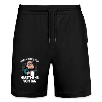 Hippo - If you get up early, you hate more of the day - Stanley/Stella Trainer Unisex Organic Jogging Shorts - black - Front - Nik (191cm) & Marisol (170cm)