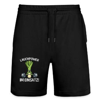 Gewichtheber LAUCHPOWER IM EINSATZ Lustiges - Stanley/Stella Unisex Bio Joggingshorts Trainer  - Schwarz - Vorne - Nik (191cm) & Marisol (170cm)