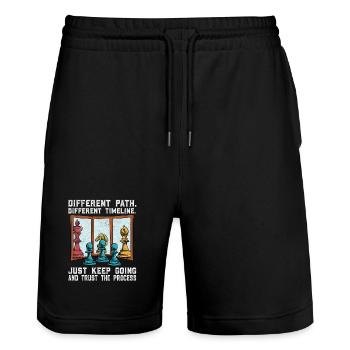 Schachpfad: Anderer Weg, Vertrauen ins Vorgehen - Stanley/Stella Unisex Bio Joggingshorts Trainer  - Schwarz - Vorne - Nik (191cm) & Marisol (170cm)