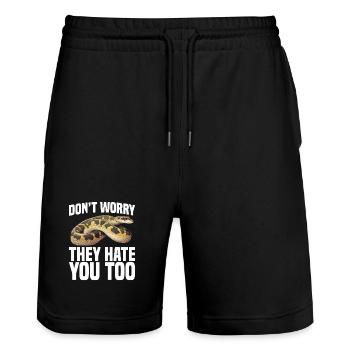 Python-Besitzer Schlangenterrarium, Reptilienhaut Burmesischer - Stanley/Stella Unisex Bio Joggingshorts Trainer  - Schwarz - Vorne - Nik (191cm) & Marisol (170cm)