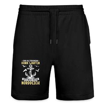 Opa ALTERSHEIM KANN WARTEN MUSS NACH NORDDEICH - Stanley/Stella Unisex Bio Joggingshorts Trainer  - Schwarz - Vorne - Nik (191cm) & Marisol (170cm)