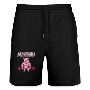 Gewichtheber MASTSAU Muskelaufbau Lustiges - Stanley/Stella Unisex Bio Joggingshorts Trainer  - Schwarz - Vorne - Nik (191cm) & Marisol (170cm)