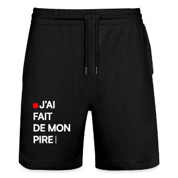 J’AI FAIT DE MON PIRE | Humour autodérision - Short de jogging bio TRAINER Stanley/Stella unisexe - noir - Devant - Nik (191cm) & Marisol (170cm)