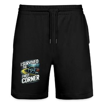 Ich habe die erste Kurve überlebt - Stanley/Stella Unisex Bio Joggingshorts Trainer  - Schwarz - Vorne - Nik (191cm) & Marisol (170cm)