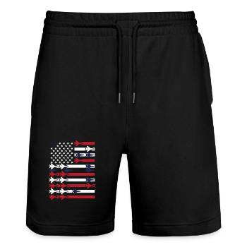 Jet Fighter USA Flag – Avion pilote - Short de jogging bio TRAINER Stanley/Stella unisexe - noir - Devant - Nik (191cm) & Marisol (170cm)