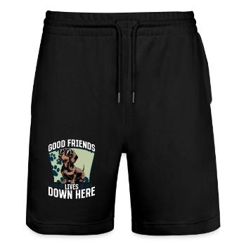 Funny Dog Breed Dachshund - Stanley/Stella Trainer Unisex Organic Jogging Shorts - black - Front - Nik (191cm) & Marisol (170cm)