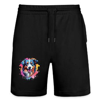 Colorful Splash Art Australian Shepherd Dog - Stanley/Stella Trainer Unisex Organic Jogging Shorts - black - Front - Nik (191cm) & Marisol (170cm)