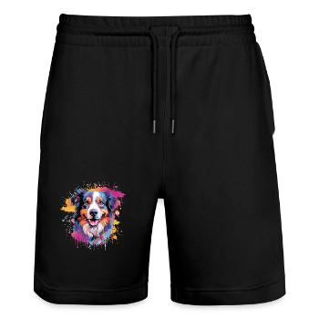 Colorful Australian Shepherd Dog Splash Art - Stanley/Stella Trainer Unisex Organic Jogging Shorts - black - Front - Nik (191cm) & Marisol (170cm)