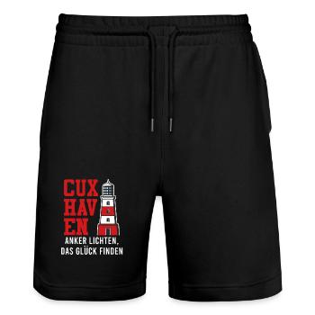Nordsee Urlaub CUXHAVEN ANKER LICHTEN GLÜCK FINDEN - Stanley/Stella Unisex Bio Joggingshorts Trainer  - Schwarz - Vorne - Nik (191cm) & Marisol (170cm)