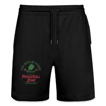 Joueur drôle de pickleball : reste hors de ma zone de cuisine - Short de jogging bio TRAINER Stanley/Stella unisexe - noir - Devant - Nik (191cm) & Marisol (170cm)