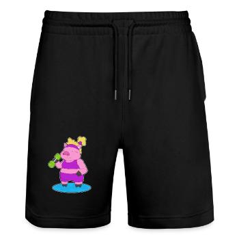 Bodybuilder cochon avec haltères - Short de jogging bio TRAINER Stanley/Stella unisexe - noir - Devant - Nik (191cm) & Marisol (170cm)