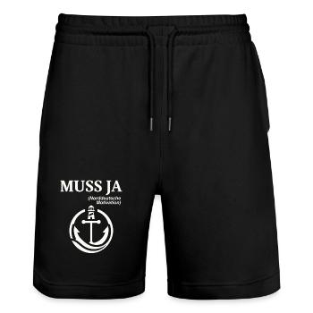 Norddeutscher Humor Spruch: Muss Ja  - Stanley/Stella Unisex Bio Joggingshorts Trainer  - Schwarz - Vorne - Nik (191cm) & Marisol (170cm)