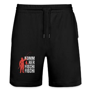 Komm her Fischi Fischi - Angler - Angeln - Stanley/Stella Unisex Bio Joggingshorts Trainer  - Schwarz - Vorne - Nik (191cm) & Marisol (170cm)