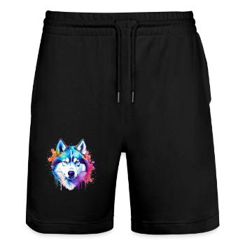 Art coloré de chien Husky éclaboussant - Short de jogging bio TRAINER Stanley/Stella unisexe - noir - Devant - Nik (191cm) & Marisol (170cm)
