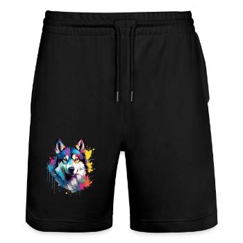 Dog Husky Colorful Splash Art - Stanley/Stella Trainer Unisex Organic Jogging Shorts - black - Front - Nik (191cm) & Marisol (170cm)