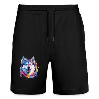 Colorful Splash Art Husky Dog - Stanley/Stella Trainer Unisex Organic Jogging Shorts - black - Front - Nik (191cm) & Marisol (170cm)