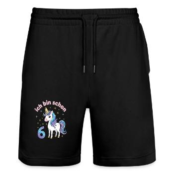 6. Geburtstag Einhorn Mädchen Ich bin schon 6 - Stanley/Stella Unisex Bio Joggingshorts Trainer  - Schwarz - Vorne - Nik (191cm) & Marisol (170cm)