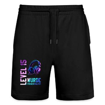 15. Geburtstag Junge Mädchen Teenager Level 15 - Stanley/Stella Unisex Bio Joggingshorts Trainer  - Schwarz - Vorne - Nik (191cm) & Marisol (170cm)