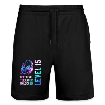 15. Geburtstag Junge Mädchen Teenager Level 15 - Stanley/Stella Unisex Bio Joggingshorts Trainer  - Schwarz - Vorne - Nik (191cm) & Marisol (170cm)