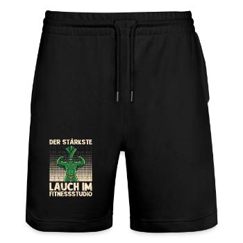 Gewichtheben DER STÄRKSTE LAUCH IM FITNESSSTUDIO - Stanley/Stella Unisex Bio Joggingshorts Trainer  - Schwarz - Vorne - Nik (191cm) & Marisol (170cm)