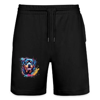Rottweiler Hund Bunte Splash Art - Stanley/Stella Unisex Bio Joggingshorts Trainer  - Schwarz - Vorne - Nik (191cm) & Marisol (170cm)