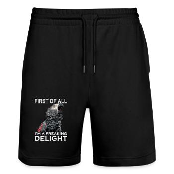 African grey parrot, sarcastic bird, cheeky parrot, - Stanley/Stella Trainer Unisex Organic Jogging Shorts - black - Front - Nik (191cm) & Marisol (170cm)