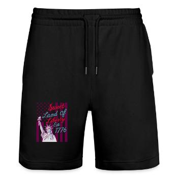 Sweet Land Liberty 1776 Patriotic USA - Stanley/Stella Trainer Unisex Organic Jogging Shorts - black - Front - Nik (191cm) & Marisol (170cm)