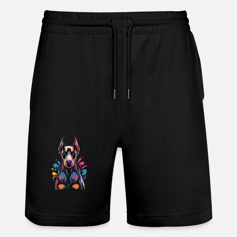 Dobermann mit Kopfhörern - Stanley/Stella Unisex Bio Joggingshorts Trainer  - Schwarz
