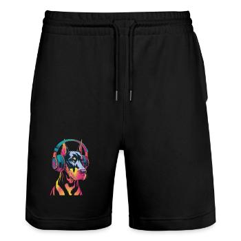 Dobermann mit Kopfhörern - Stanley/Stella Unisex Bio Joggingshorts Trainer  - Schwarz - Vorne - Nik (191cm) & Marisol (170cm)