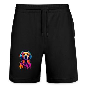 Golden Retriever with Headphones - Stanley/Stella Trainer Unisex Organic Jogging Shorts - black - Front - Nik (191cm) & Marisol (170cm)