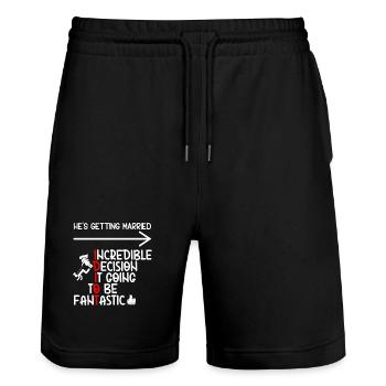 Witziger Bachelor-IDIOT - Stanley/Stella Unisex Bio Joggingshorts Trainer  - Schwarz - Vorne - Nik (191cm) & Marisol (170cm)