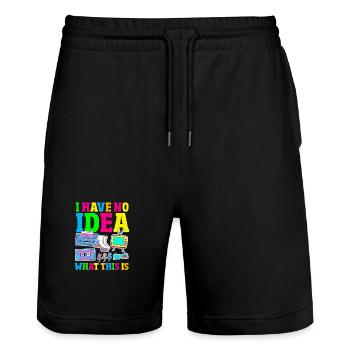Retro Back to the 80s Vintage Design - Stanley/Stella Trainer Unisex Organic Jogging Shorts - black - Front - Nik (191cm) & Marisol (170cm)