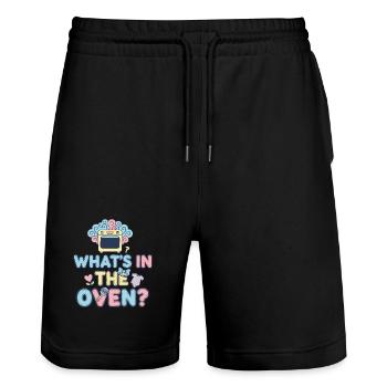 Geschlechter-Enthüllung, was im Ofen ist, Babyparty-Team - Stanley/Stella Unisex Bio Joggingshorts Trainer  - Schwarz - Vorne - Nik (191cm) & Marisol (170cm)