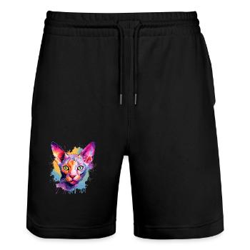 Colorful Splash Art Cornish Rex Cat Face  - Stanley/Stella Trainer Unisex Organic Jogging Shorts - black - Front - Nik (191cm) & Marisol (170cm)