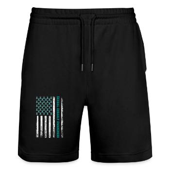 Teal Ribbon Sexual Assault Awareness American flag - Stanley/Stella Trainer Unisex Organic Jogging Shorts - black - Front - Nik (191cm) & Marisol (170cm)