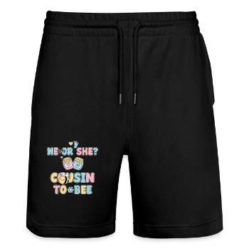 Gender Reveal He Or She Cousin To Bee Baby Shower - Stanley/Stella Trainer Unisex Organic Jogging Shorts - black - Front - Nik (191cm) & Marisol (170cm)
