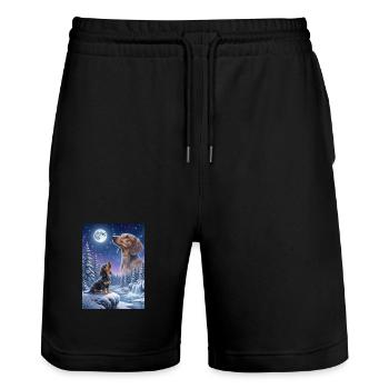 Howling to the Moon Meme Hund Dackel - Stanley/Stella Unisex Bio Joggingshorts Trainer  - Schwarz - Vorne - Nik (191cm) & Marisol (170cm)