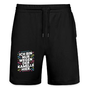 Karneval Nur Wegen Der Kamelle Hier Karnevalszug - Stanley/Stella Unisex Bio Joggingshorts Trainer  - Schwarz - Vorne - Nik (191cm) & Marisol (170cm)