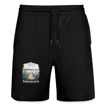 Wochenende am See, Bodensee Uferkind Heimatmotiv - Stanley/Stella Trainer Unisex Organic Jogging Shorts - black - Front - Nik (191cm) & Marisol (170cm)