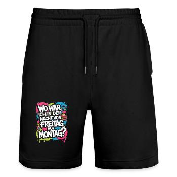 Nacht von Freitag auf Montag Filmriss Party JGA - Stanley/Stella Unisex Bio Joggingshorts Trainer  - Schwarz - Vorne - Nik (191cm) & Marisol (170cm)