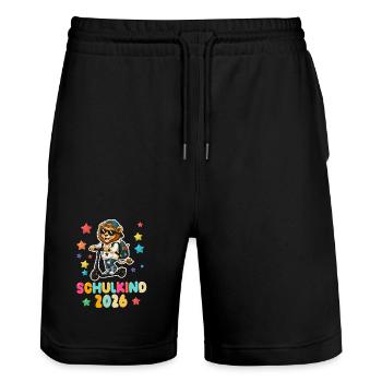 Einschulung Schulkind 2026 Junge Mädchen Löwe - Stanley/Stella Unisex Bio Joggingshorts Trainer  - Schwarz - Vorne - Nik (191cm) & Marisol (170cm)