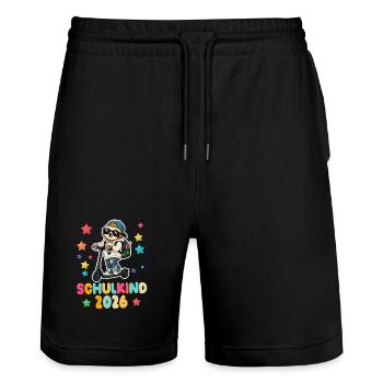 Einschulung Schulkind 2026 Junge Mädchen Faultier - Stanley/Stella Unisex Bio Joggingshorts Trainer  - Schwarz - Vorne - Nik (191cm) & Marisol (170cm)