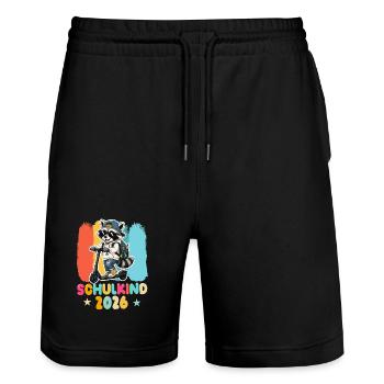 Einschulung Schulkind 2026 Junge Mädchen Waschbär - Stanley/Stella Unisex Bio Joggingshorts Trainer  - Schwarz - Vorne - Nik (191cm) & Marisol (170cm)