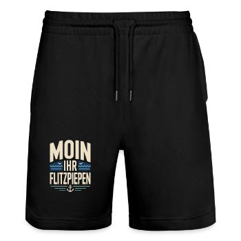 Moin Ihr Flitzpiepen Norddeutsch Hamburg Büro Moin - Stanley/Stella Unisex Bio Joggingshorts Trainer  - Schwarz - Vorne - Nik (191cm) & Marisol (170cm)