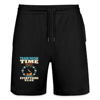 Train Room Model Railway Model Railway Dad Gift - Stanley/Stella Trainer Unisex Organic Jogging Shorts - black - Front - Nik (191cm) & Marisol (170cm)