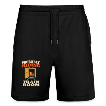 Train Room Model Railway Model Railway Dad Gift - Stanley/Stella Trainer Unisex Organic Jogging Shorts - black - Front - Nik (191cm) & Marisol (170cm)